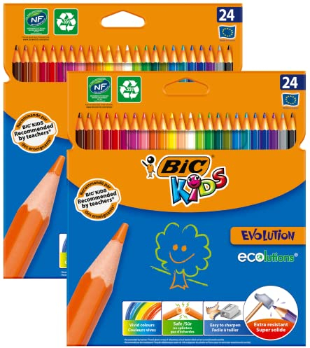 BIC Kids Buntstifte Ecolutions Evolution, zum Malen in 24 Farben, im Karton Etui, ab 5 Jahre, Bruchsichere Mine und ohne Holz, 2x 24 Stück