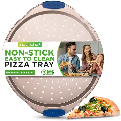 Nutrichef 14” Non Stick Pizza Pan, Gold Carbon Steel Bake Pan with Blue Silicone Handles, Commercial Grade Restaurant Quality Metal Bakeware, Compatible with Model NCSBSG60