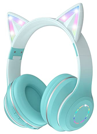 OHAANYY Bluetooth kopfhörer Kinder,Mädchen Katzenohr Kopfhörer Over-Ear mit LED-licht Faltbare Stereo Kopfhörer Bluetooth Kabellose Kopfhörer Kinder mit Mikrofon,Micro SD/TF für Tablet/Handy/PC