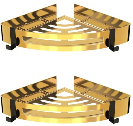 Strength Enemy Duschablage Dusche duschregale, Ohne Bohren,Duschregale mit 4 Haken, dusche eckregal, Rostfreier Edelstahl Duschregal für Badezimmer Kuche (Gold, 2 StüCk)