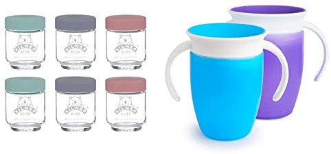 Kilner Set of 6 Jars, Grey,Purple, 190ml & Munchkin Miracle 360 Cup, Baby and Toddler Sippy Cup, Ideal Sippy, Water and Weaning Cup 6+ to 12 Months, 7 oz/207 ml, 2 Pack, Pink & Purple