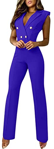 LOIJMK Hosenanzug Damen Business Jumpsuit, Temperament Overall Damen Sommer Latzhose V-Ausschnitt Arbeitsoverall Ärmellos Strampler Slim Latzhosen mit Knöpfen Mode Arbeitshose Playsuit