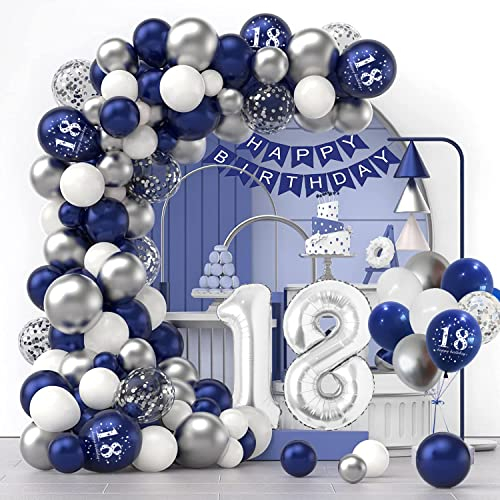 18. Geburtstag Deko Set - Luftballons, Mann, Happy Birthday Girlande, Blau Silber Konfetti Ballons, Party Decorations