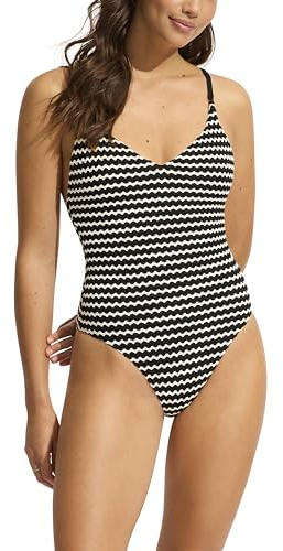Seafolly Damen Einteiliger V-Ausschnitt und hohem Beinausschnitt Badeanzug, Netz-Effekt, Schwarz, 38