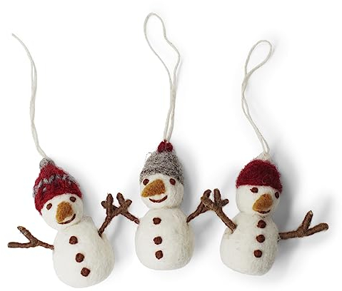Én Gry & Sif Schneemann-Anhänger im Scandi-Stil | handgemacht aus Filz, fair-Trade | Weihnachtsdeko, Weihnachtsbaumschmuck, Winterdeko | 3er-Set rot, weiß, grau mit Mütze