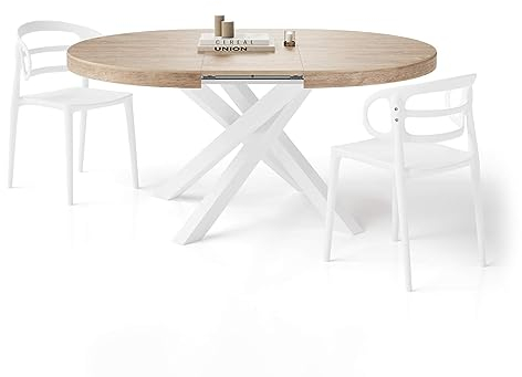 MOBILI FIVER, Mesa Redonda Extensible Emma 120-160 cm en Color Encina con Patas Cruzadas Blancas, para 4-6 Personas, Mesa Extensible de Comedor, Mesa Cocina, Salon, Made In Italy