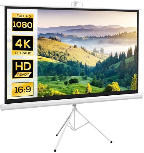 HOMCOM Telo Proiettore 84 Pollici Formato 16:9 con Treppiede Regolabile di Supporto, Schermo di Proiezione in Plastica e Metallo, 200x8x118 cm, Bianco