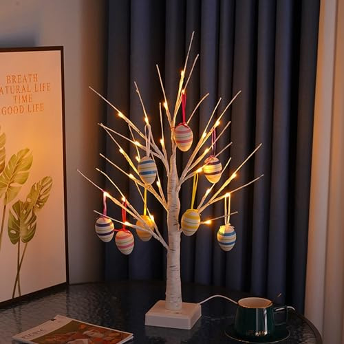 Schnurlose Osterbaumlampe beleuchtete Osterdekoration für den Tisch, beleuchtete Osterbirke für Wohnzimmer Nachttisch Büro Kamindekoration vorbeleuchteter Mini Baum mit 8 Ostereier batteriebetrieben
