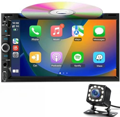 Autoradio Double Din pour sans fil Carplay & Android Auto, écran tactile de 6,95, lecteur CD/DVD pour voiture commande vocale/caméra de recul/Bluetooth5.2/MirrorLink/SWC/RDS/AM/FM/USB/AUX/MIC/DSP