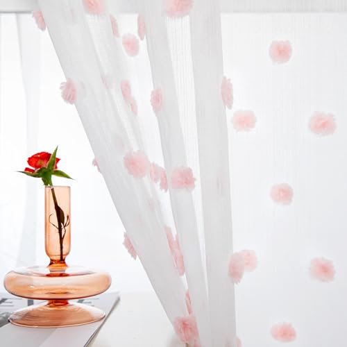 MYSKY HOME Vorhänge mit Ösen Gardinen Wohnzimmer Vorhang Transparent Dekoration für Wohnzimmer Kinderzimmer Schöne Stickerei Gardine 2er Set Modern Schlafzimmer Ösenvorhang, H 245 x B 140 cm, Rosa