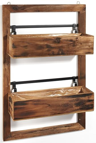 Kobolo Blumenkasten Wanddeko Übertopf aus Holz mit schwarzem Metall - Zwei Pflanzkästen