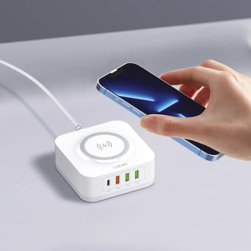 Multi-Port Charging Station with Wireless Function – 32W Mobile Phone, Smartphone, Tablet Box Charger with QC3, PD3, USB & Wireless Outlets for Home, Office or Travel – Measures H4 x W9.5 x D9.5cm