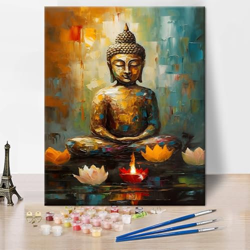 TISHIRON Bouddha Peinture à l'huile par numéros Kit pour adultes Fleur de lotus Bougie Couleur par numéros Abstrait Coloré Bouddha Peinture par numéros Kits sur toile DIY Peinture par numéros pour