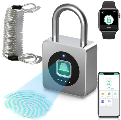 Vorhängeschloss Fingerabdruck, Dhiedas Spindschloss, Schloss mit Fingerabdruck und APP, Vorhängeschloss Wetterfest für Gym Spinde Koffer, Keller, Schule-Silber, mit Kabel