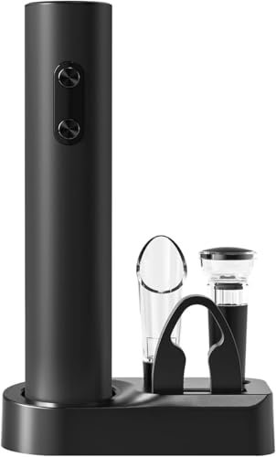 ELMWAY Electric Wine Opener Set – Battery-Powered Cordless Automatic Corkscrew with Storage Base, Foil Cutter, Wine Aerator Pourer & Vacuum Stopper for Home, Bar & Parties (4 AA Not Included) – Black
