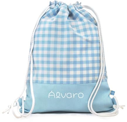 SAQUITOMAGICO Mochila Bebé Guardería Personalizada Vichy con Nombre | Mochila Infantil Niña Niño | Bolsa Merienda y Excursiones | Mochila Saco Algodón 100%