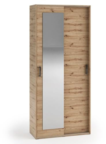 BEAUTY SOFA - Armoire à Miroir Avec Portes Coulissantes - Multi-Usages Pour Couloir - Étagères et Tringle à Vêtements - Chêne Artisan - Largeur 90 cm