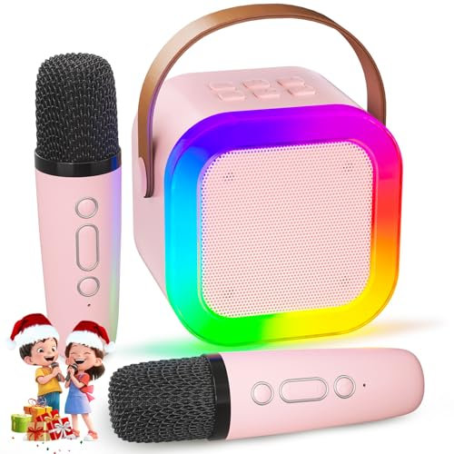 Micro Karaoke Enfant IROO Karaoke Enfant avec 2 Microphones, Microphone pour Filles Cadeaux pour Enfants Enceinte Bluetooth Portable avec Effets de Changeur de Voix et Lumières LED (Rose)