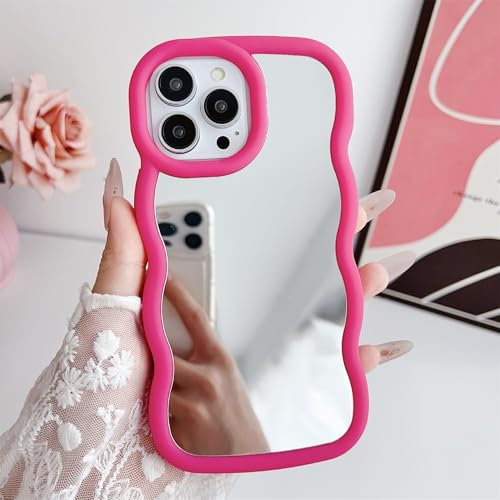Tybiky Compatible with iPhone 15 Pro Max Curly Wave Mirror Mobile Phone Case Cute Curly Waves Frame Shape Mirror Makeup Case Soft Silicone Shockproof Protective Case for Lovely Style Women Girls, Rose