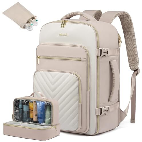 LOVEVOOK Reiserucksack Handgepäck Flugzeug, 40L Rucksack Damen Groß, Wasserdicht Laptop Rucksack 17 Zoll mit Laptopfach, Travel Backpack Handgepäck Tasche für Reise Arbeit Wandern, Hellkhaki Beige