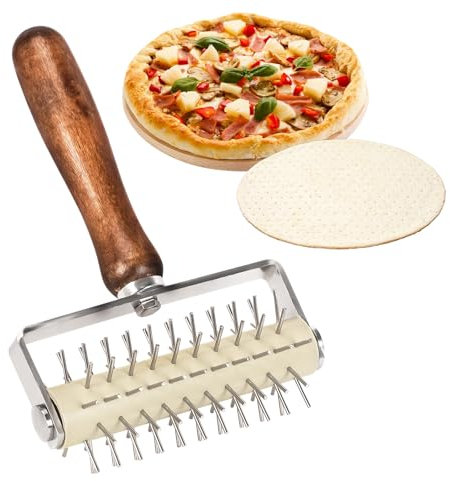 Pizzateig Docker Gebäckroller,Edelstahl Nadelroller Roller Docker mit Holzgriff,Pizza Dough Stipproller,Pizza Nadelrolle Gitter Teigroller Gitterschneider,Pizza-Locher Backen-Werkzeug für Quiche,Brot