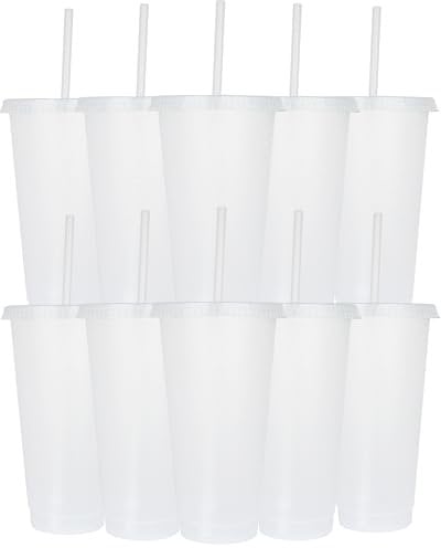 Yisituo 24 oz Reusable Plastic Cups, 10 Pack Cold Cups with Lid and Straw, Tumblers Travel Mugs for Adults and Kids Party and Beach, Pool Gatherings (10, Transparent)