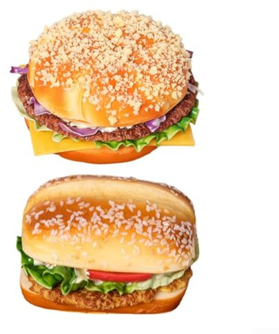 babominimer Künstliches Hamburger-Set aus PU-Kunststoff, 2 Stück, künstliche Burger-Figur, Brot-Modell, Fotografie-Requisite für Zuhause, Küche, Dekoration, Halloween, Weihnachten, Geburtstag,