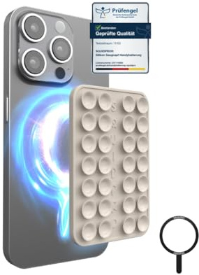 SQUIDPRO® NEO - Magnetische Saugnapfhandyhalterung, kompatibel mit MagSafe, abnehmbar, freihändig, rutschfest, starker Halt, für Selfies, kompatibel mit Allen gängigen Handys, 6x9 cm (Elegant Beige)