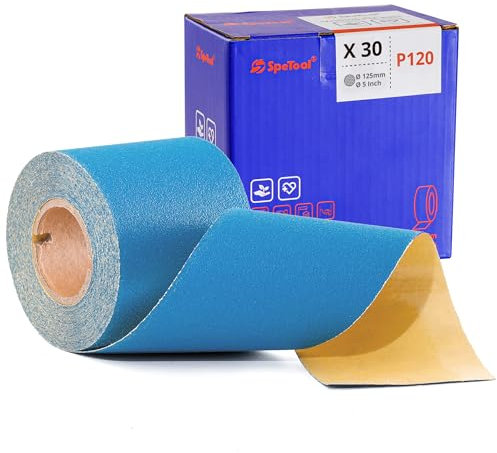 SpeTool Schleifpapier Rolle 70 mm x 8 m Schleifpapier 120 Körnung PSA Langbahn Keramik Schleifpapierrollen Aluminiumoxid-Selbstklebendes für Autos Handschleifblöcke Holz Metall Kunststoff
