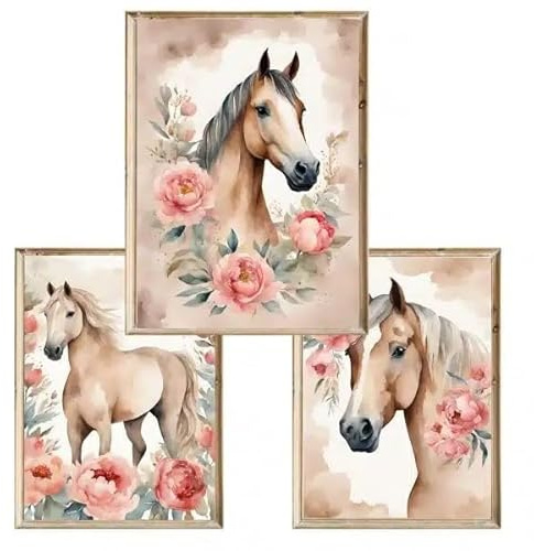 3er Set Wandposter Pferde mit Rosen, Format A3, Aquarell Stil