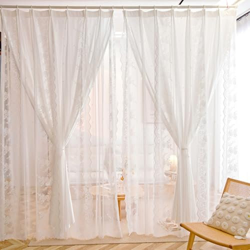 Spitze Gardinen Weiß Vorhang 2er Set, Vorhänge mit Florales Stickerei, Küchengardinen Landhausstil, Scheibengardinen Transparent Balkontür Fenstergardinen für Wohnzimmer Schlafzimmer HxB 180x140cm