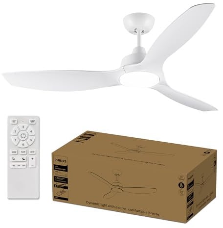 Philips Ventilador de techo con Led, 3 aspas fijas 52 (diametro 136cm), luz LED 28 W, motor DC silencioso, 3 temperaturas de luz, mando a distancia incluido, certificación EU IEC 60598