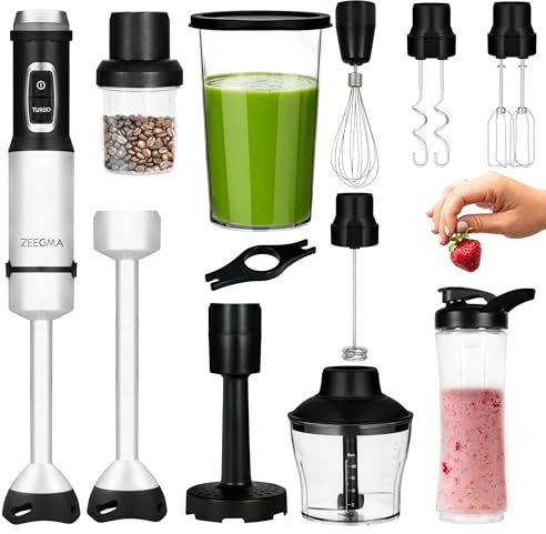 ZEEGMA HANDY NUTTIG Mixeur Manuel Multifonctionnel 11in1 Puissance 1500 W Ensemble d'Embouts : Pour Smoothie Pour Purée Mélangeur Broyeur Bouteille Fouet Crochets pour Pâte Mousseur à Lait, Mixeur