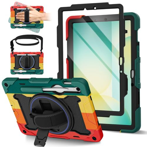ROSROME Case for Samsung Galaxy Tab S10 Lite/S10 FE/ S9 FE 10.9-Inch/ S9 11-Inch with Screen Protector, Shockproof Kids Tablet Cover, 360°Rotating Stand/Shoulder Strap/Penicl Holder, Red