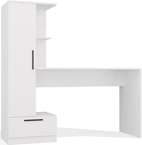 BDW Cosmo Bureau avec étagères, 143 cm de large, 140 cm de haut, 50 cm de profondeur, étagère intégrée avec porte, tiroir, chambre d'enfant, bureau, adolescent, blanc