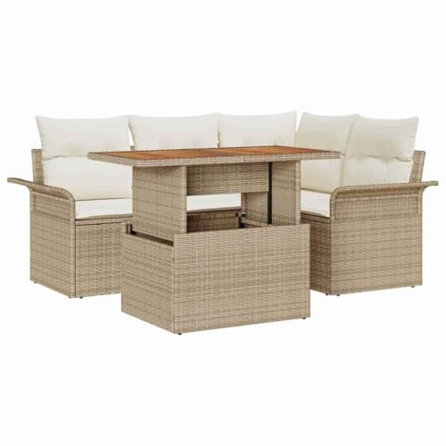 vidaXL 5-teiliges Garten-Sofa-Set mit Kissen in Beige aus Poly Rattan – Bequeme Sitzgelegenheit für Balkon und Terrasse, umbaubar und verstellbar.