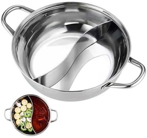 Stainless Steel Hot Pot with Divider, 11 Inch Hotpot Cooking Pot with Dual Handle, Shabu Shabu, Easy Clean Hotpot for Induction Cooker Gas Stove, Stainless Steel Hot, with Divider