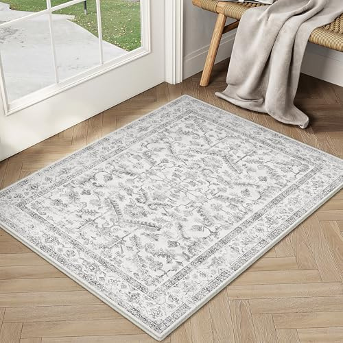 PureCozy Vintage Grauer Fußmatte Teppich 60x90cm Waschbar | Waschbarer Teppich, Weich Rutschfest, Kurzflor Boho, für Schlafzimmer Esszimmer Büro, Kleiner Carpet