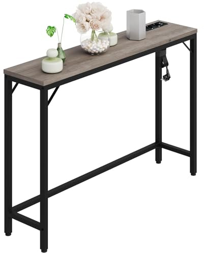 GarveeHome Table console étroite avec prise et port USB 100 x 23 x 80 cm – Table d'appoint, de couloir et de canapé, style vintage, marron noir, design industriel pour salon, foyer et entrée