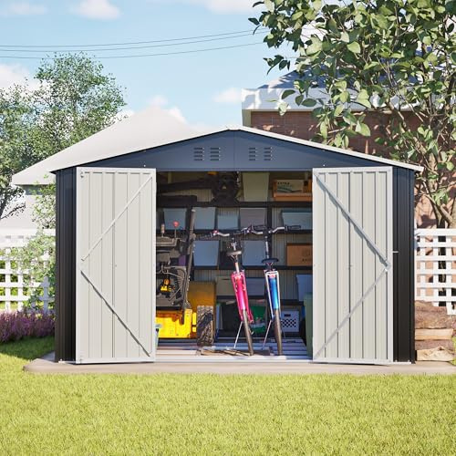 LANTRO JS Gerätehaus Metall 15m³, Geräteschuppen Metall Schuppen mit Klapptür, Gerätehäuser Blech für Werkzeugaufbewahrung, Schwarz, 300x252x191 cm