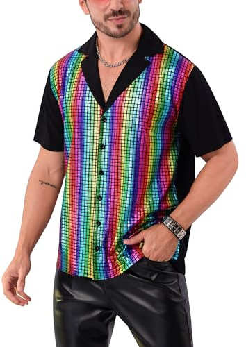 Odizli Herren 70er Jahre Hippie Glitzer Pailletten Kurzarm Hemd Disco Party Shirt
