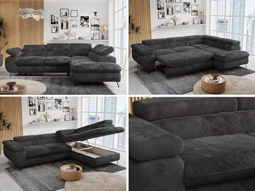 MKS MEBLE Ecksofa Wohnlandschaft L-Form mit Schlaffunktion und Bettkasten, Schlafsofa mit Bettkasten, Sofa mit Einstellbare Kopfstützen, Peter L - Plüsch - Rechts Dunkelgrau (mit Topper T25)