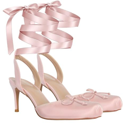 Agodor Satin Ballet Heels for Women, Lace Up Ballet Pumps with Bow,Square Toe High Slingback Heel Strappy Elegant Dress Stiletto Mary Jane Ballerina Shoes for Party and Wedding