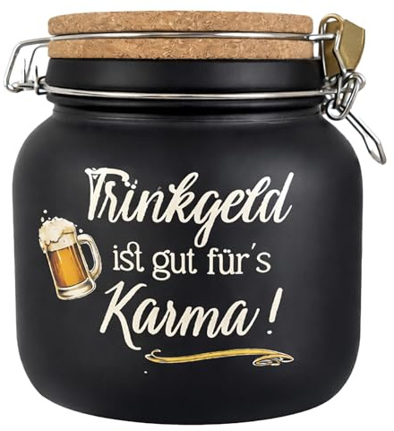 Amberger Design Spardose Trinkgeld ist gut fürs Karma Lustiges Geldgeschenk für Männer | Bierglas Motiv | Sparbüchse Glas Korkdeckel Geburtstag Weihnachten