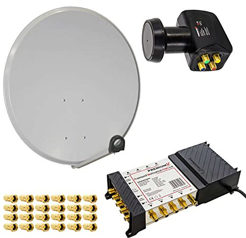 Premium X Satelliten-Komplettanlage 80cm Satellitenschüssel Stahl Hellgrau Multischalter 5/8 Quattro LNB 1 SAT für 8 Teilnehmer