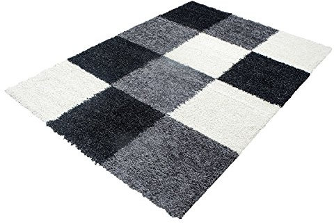 Ayyildiz Teppich-Hochflor Shaggy Teppich Karo Muster Wohnzimmer ,Polypropylen, Schwarz, 200 X 290