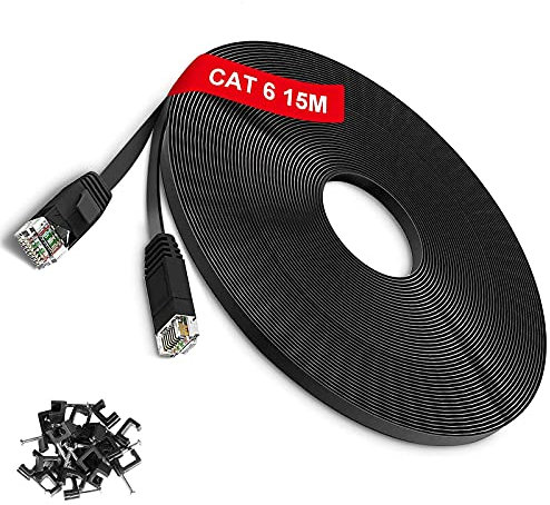 TBMax 15m Ethernet Cable Cat6, Flat Network Cable High-Speed 1Gb 250MHz Gigabit LAN Cable with RJ45 Connectors, Long Internet Cable - UTP Patch Cables for Modem, Router, Switch, CCTV, Black