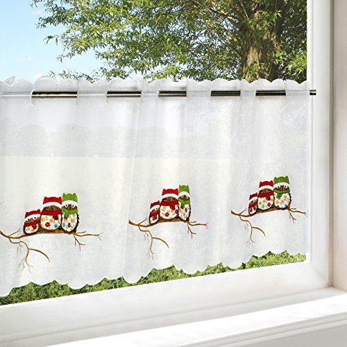 KAMACA Bistrogardine Küchengardine Fertiggardine Panneaux weisses Voile mit gestickten Eulen Scheibengardine Küche (Vergnügte Eulen 45x115cm)