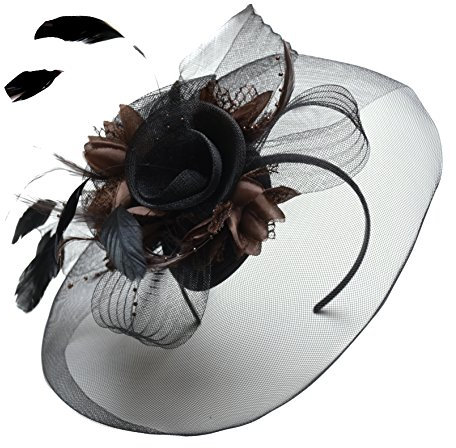 Chapeau bibi rose fuchsia avec plumes et fleurs pour mariage, noir/marron, taille unique