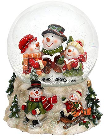 Schneekugel, Schneemann Trio, mit Spielwerk, Melodie: Oh du Fröhliche, Maße L/B/H: 13,5 x 12 x 14,5 cm Kugel Ø 10 cm.